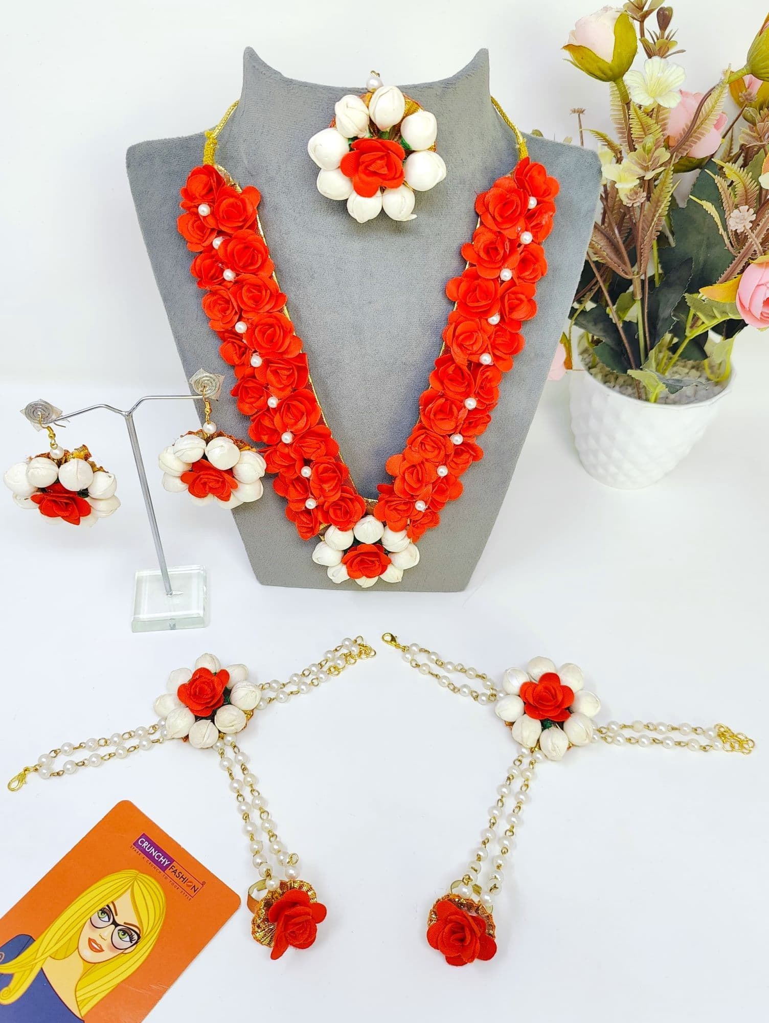Handmade red beaded jewellery set ideal for bridal haldi and mehendi ceremonies