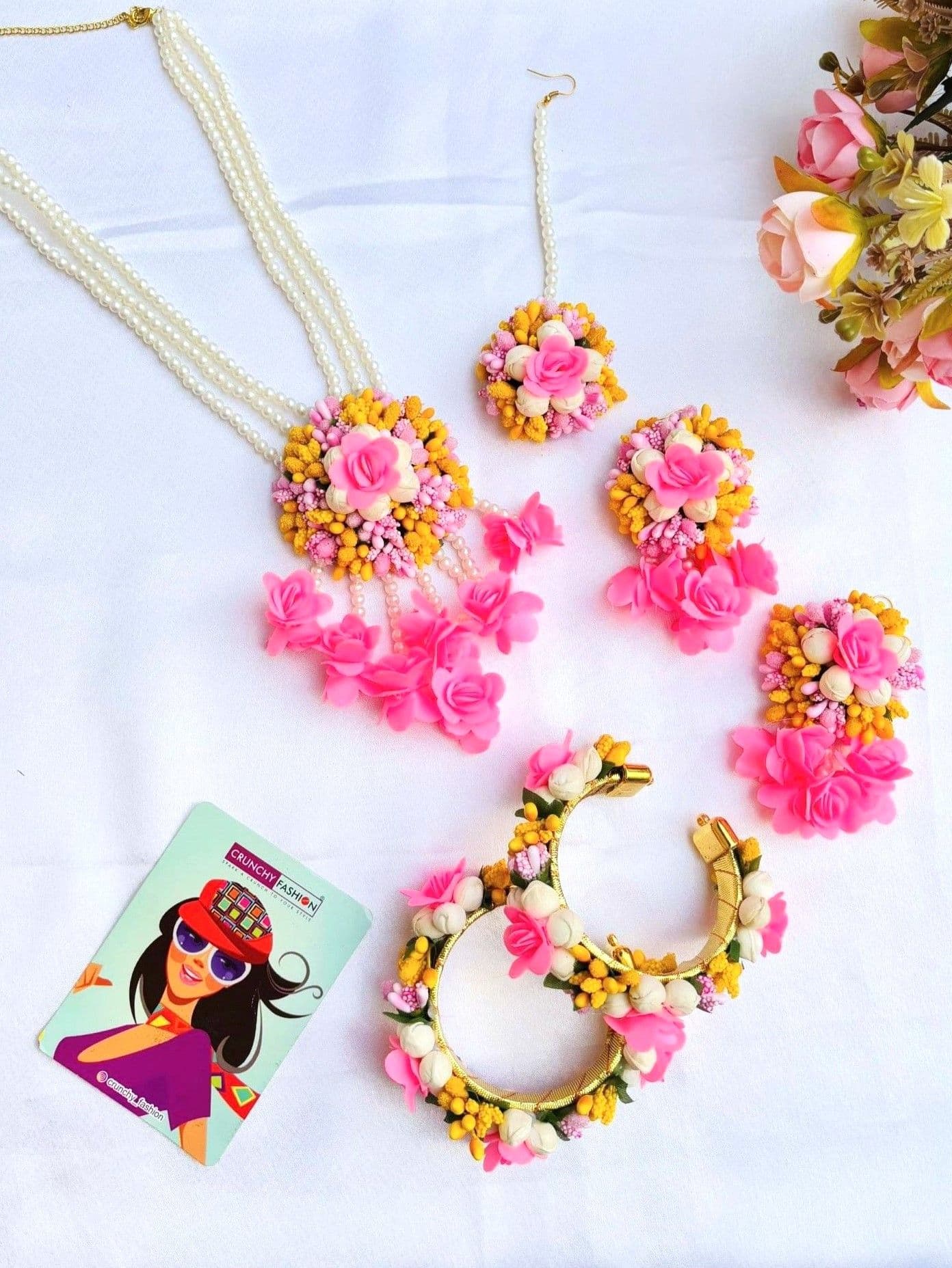 Handmade multicolor flower jewellery set ideal for baby showers and haldi occasions