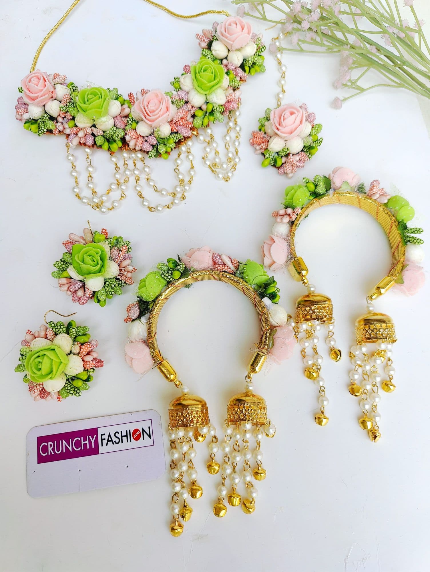 Handmade Green-Pink Floral Jewellery set ideal for Baby Shower, Haldi and Mehandi occasions