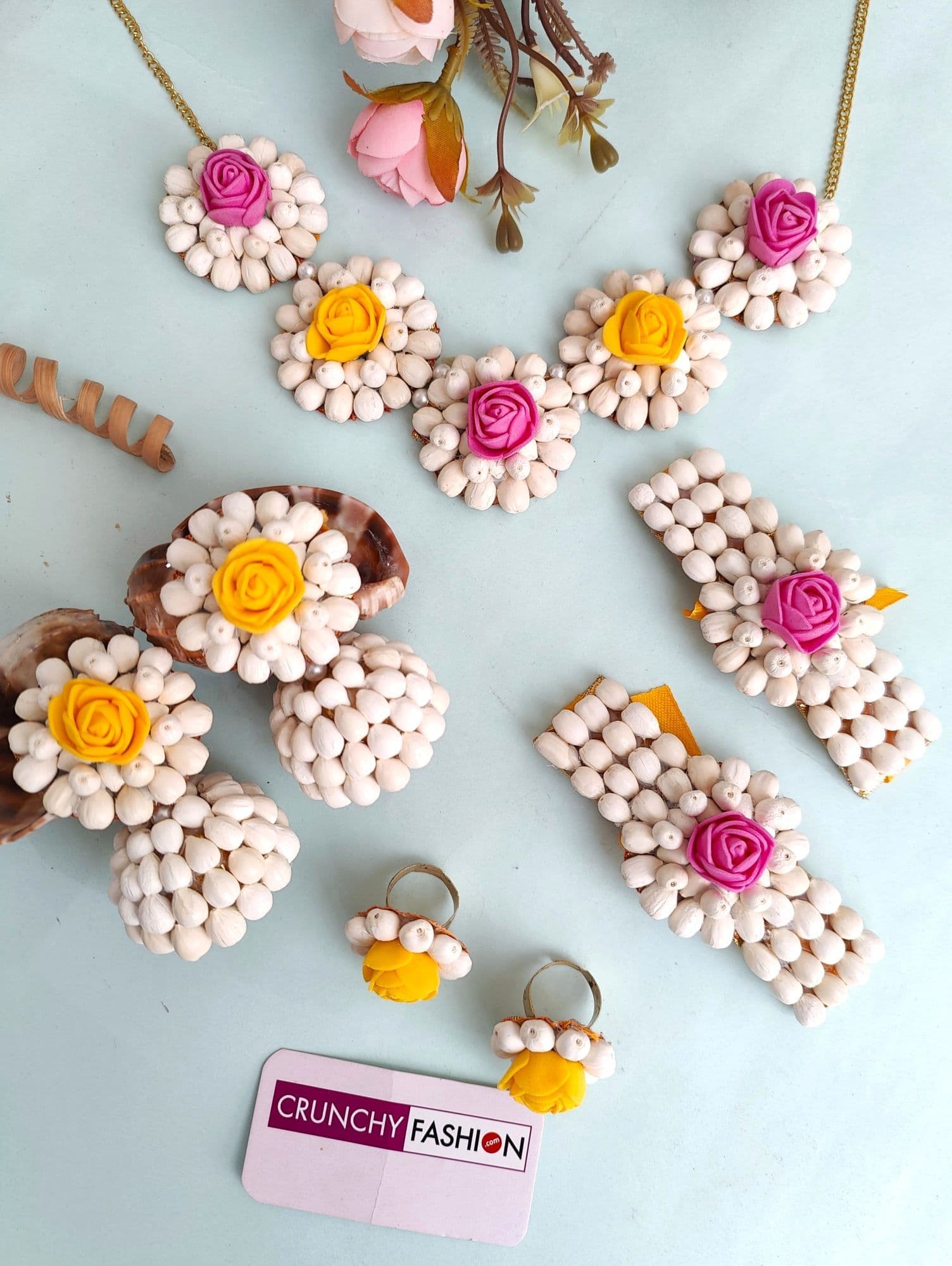 Handmade multicolor Mogra flower jewellery set for haldi, mehndi, and festive wedding events on Shopify.