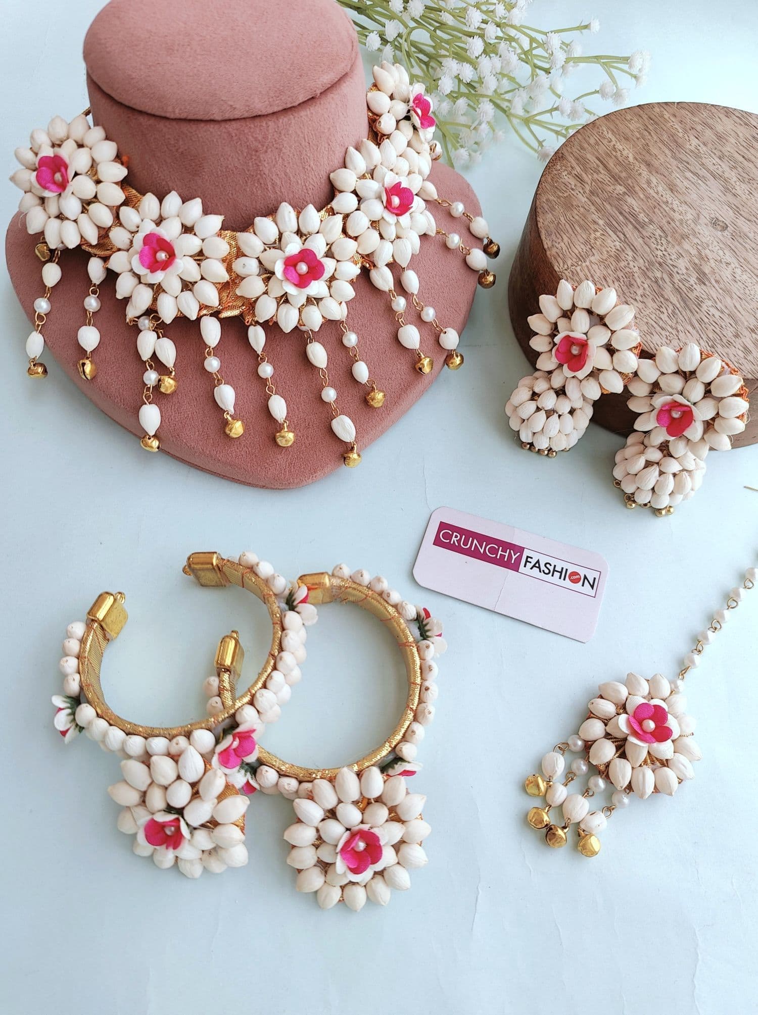 Handmade multicolor mogra flower jewellery set ideal for haldi, mehndi and baby showers, perfect for weddings on Shopify.