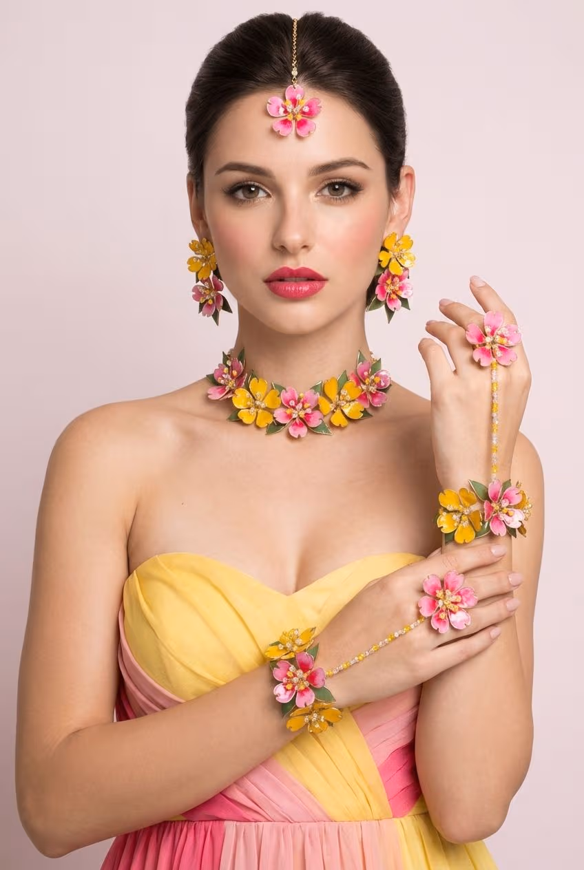 Floral Fantasy Resin Handmade Bridal Set Yellow-Pink Haldi & Mehndi